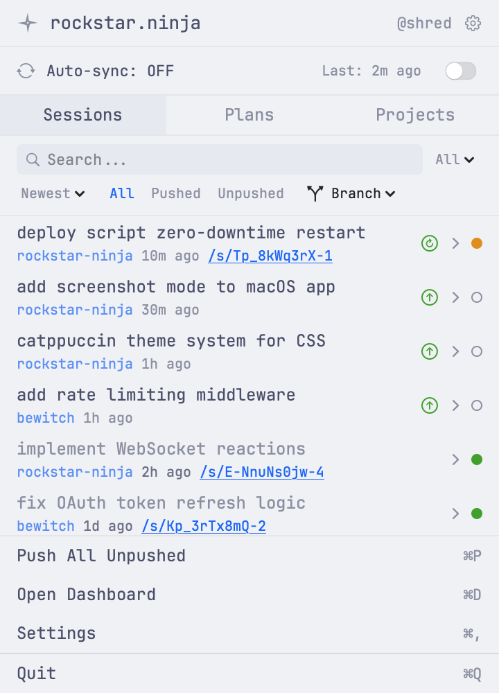 Session list in the macOS app