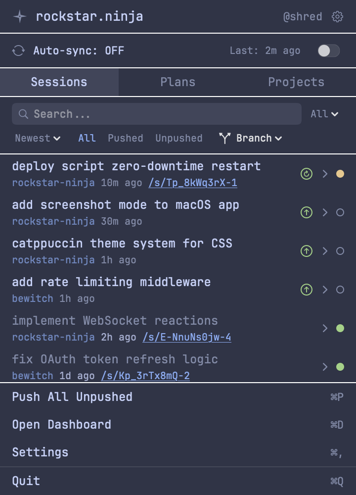 Session list in the macOS app