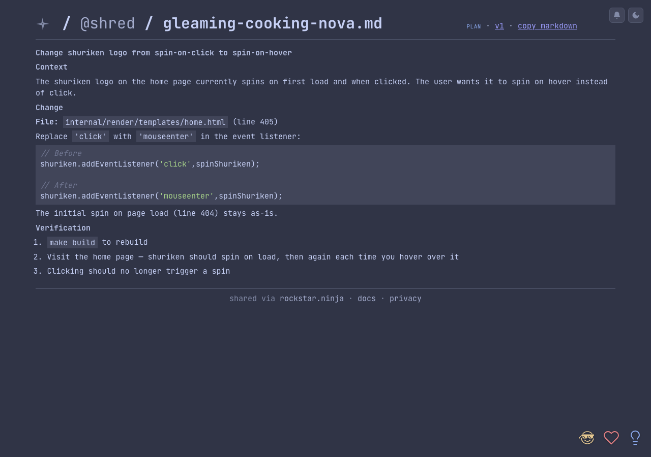 A pushed plan on rockstar.ninja